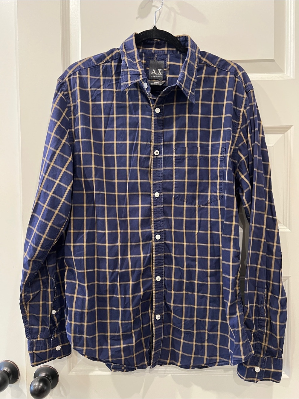 A/X Armani Exchange Navy and Tan Plaid Button-Down  Sz L Slim Fit 100% Cotton